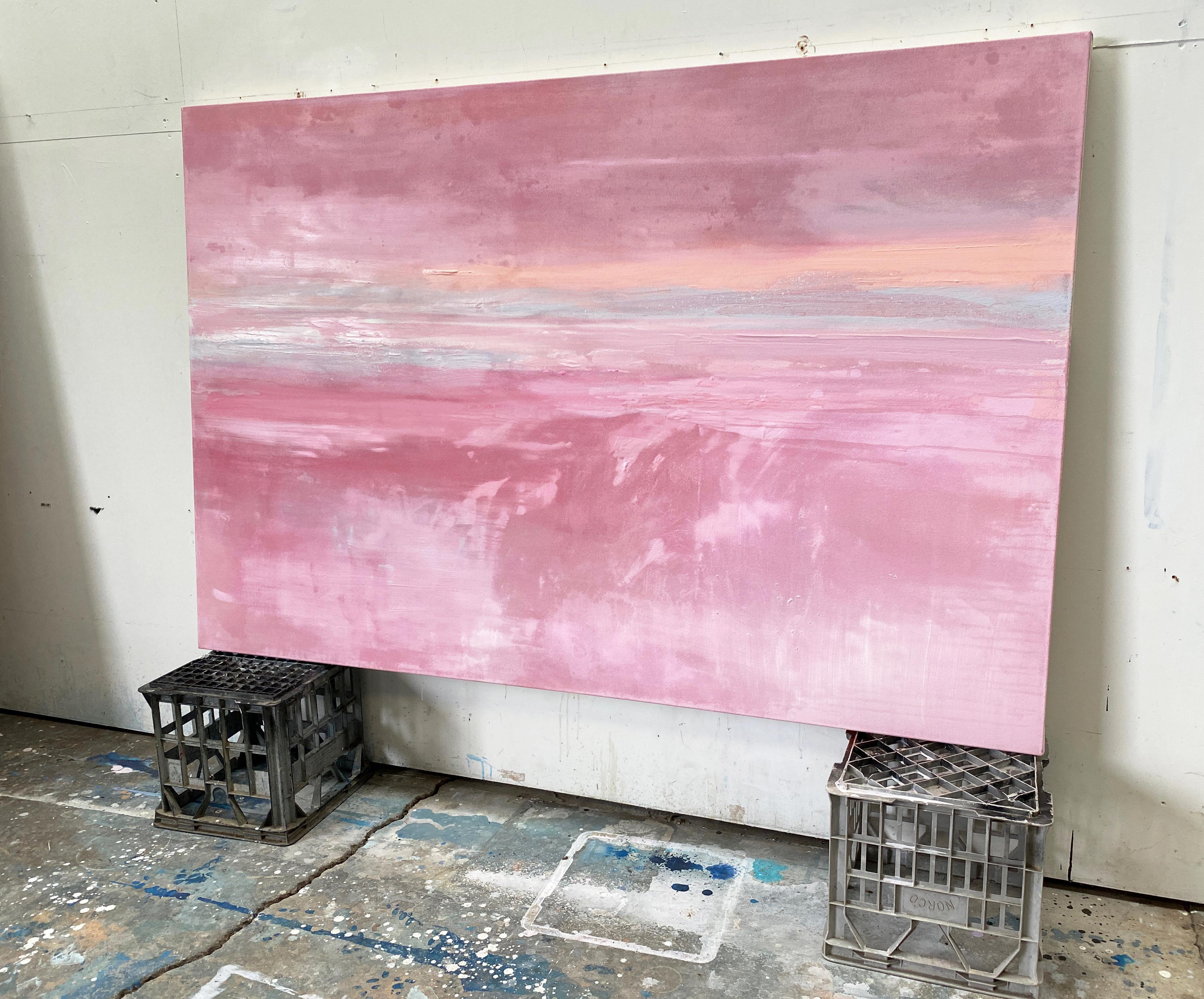 Großer abstrakter impressionistischer minimalistischer rosafarbener rosafarbener, grauer, weißer Pfirsich im Angebot 1