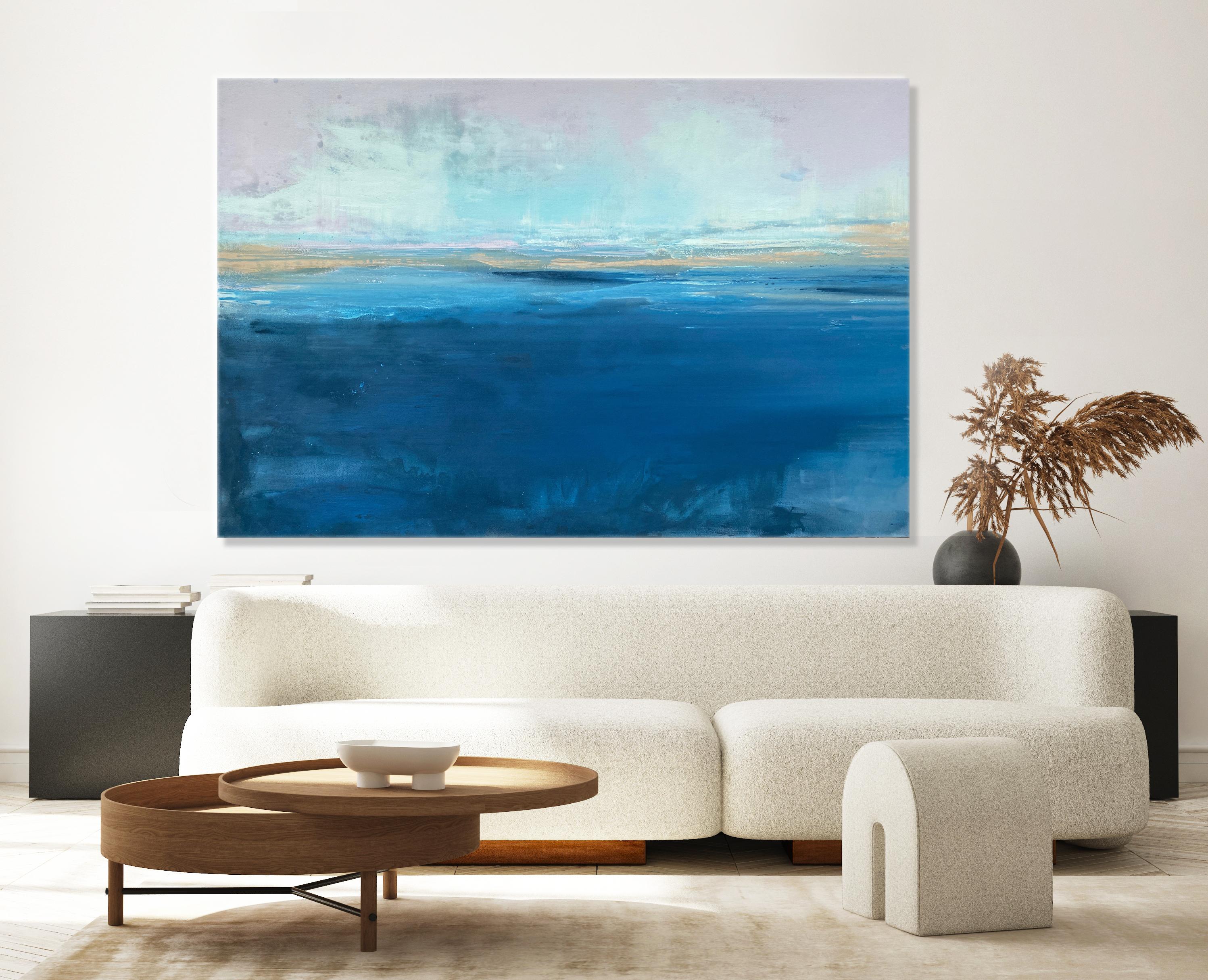 Large ocean abstract impressionist landscape white blue grey gold clouds sky - Painting by Kathleen Rhee