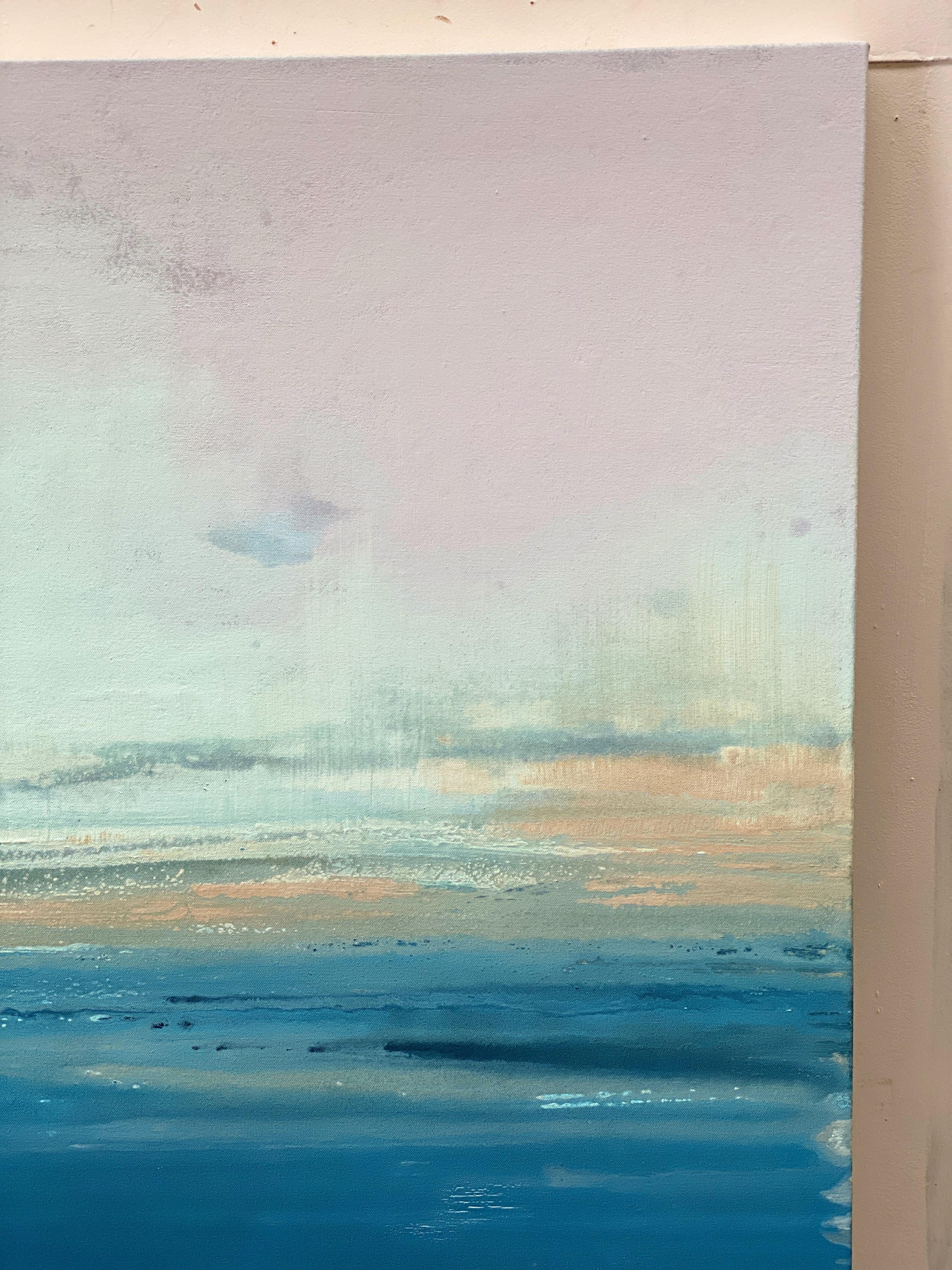 'Happiness' Present Moment Collection

Emanating light, energy and movement, this is large dynamic minimalist abstract is painted in colours of sea and pastel blue, mist and white. Layered paint reveal descriptive textures, delicate details, thick