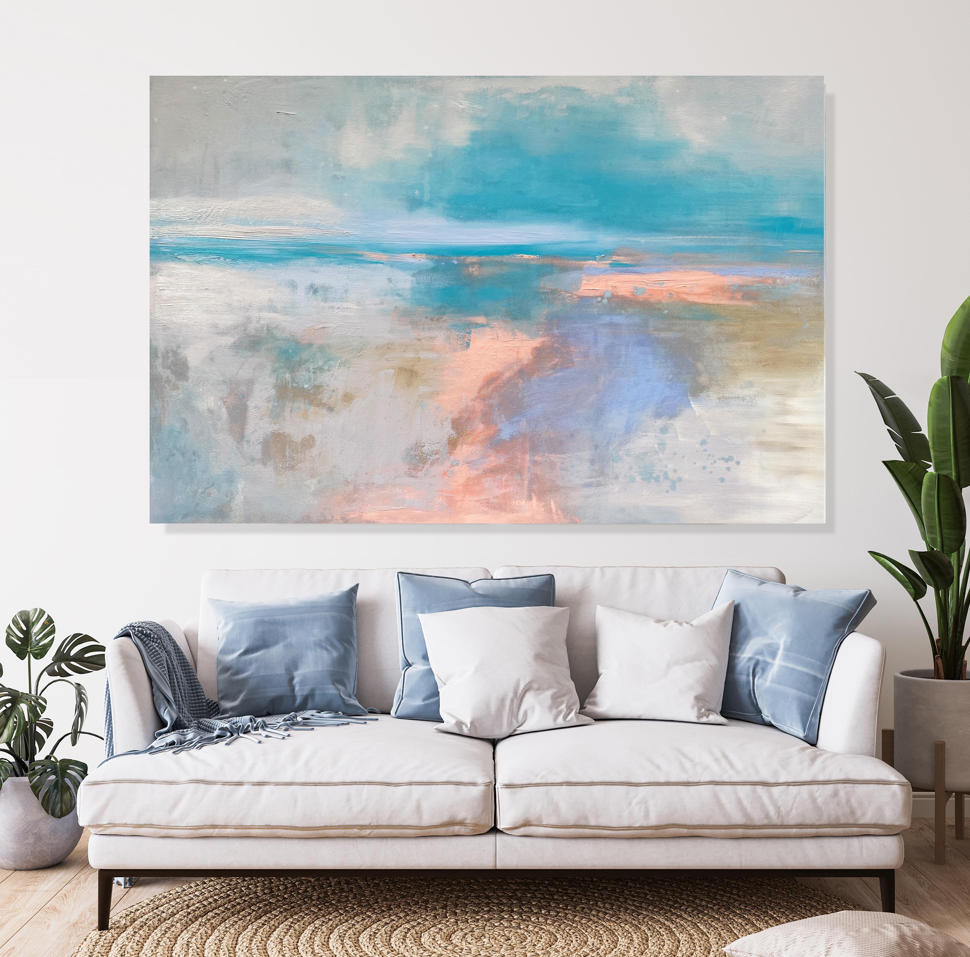 Joy large abstract expressionist landscape on canvas in pastel colours blue pink - Painting by Kathleen Rhee