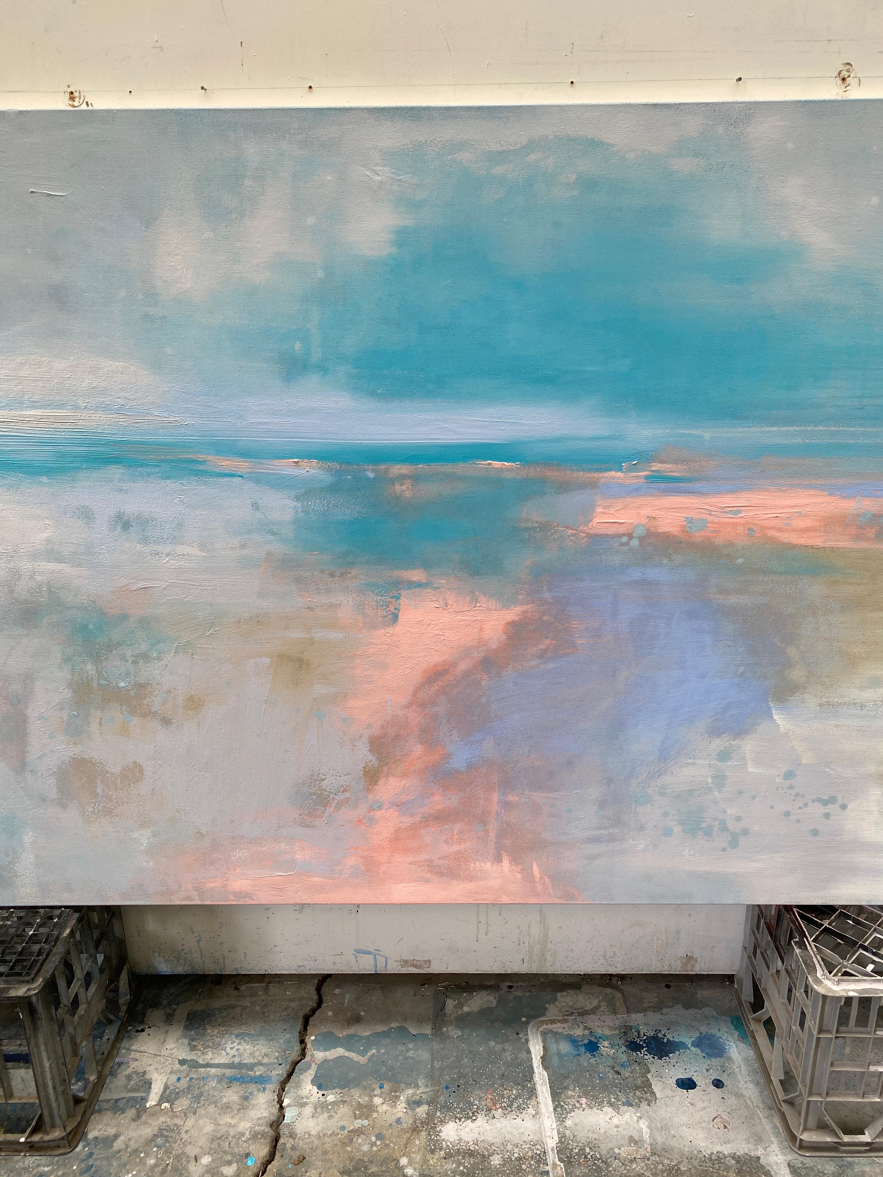 Joy large abstract expressionist landscape on canvas in pastel colours blue pink - Abstract Painting by Kathleen Rhee
