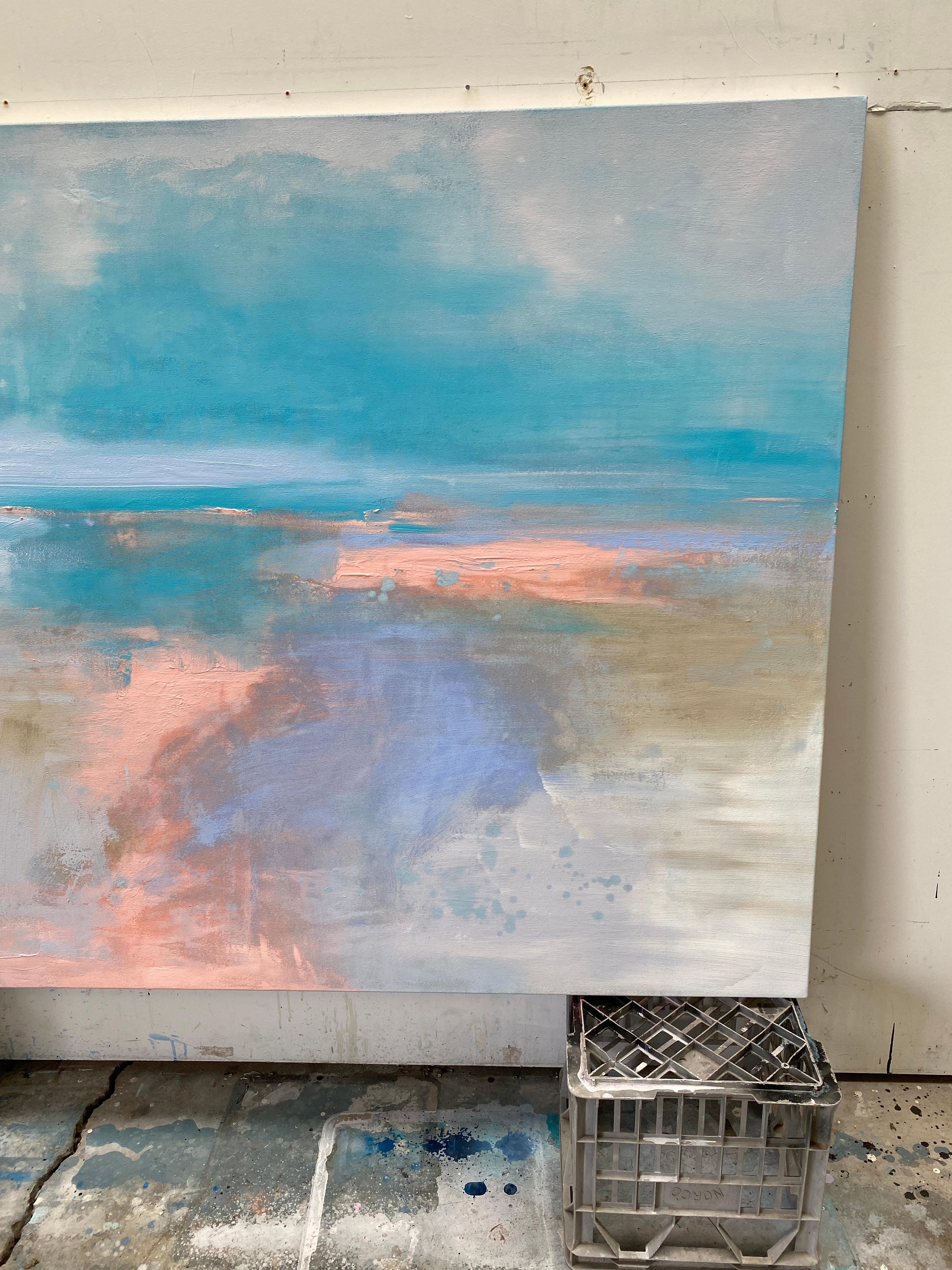 Emanating light, energy and movement, this is large dynamic minimalist abstract is painted in colours of turquious and pastel blue, lavender, pink, ghost gum, mist and white. Layered paint reveal descriptive textures, delicate details, thick rough