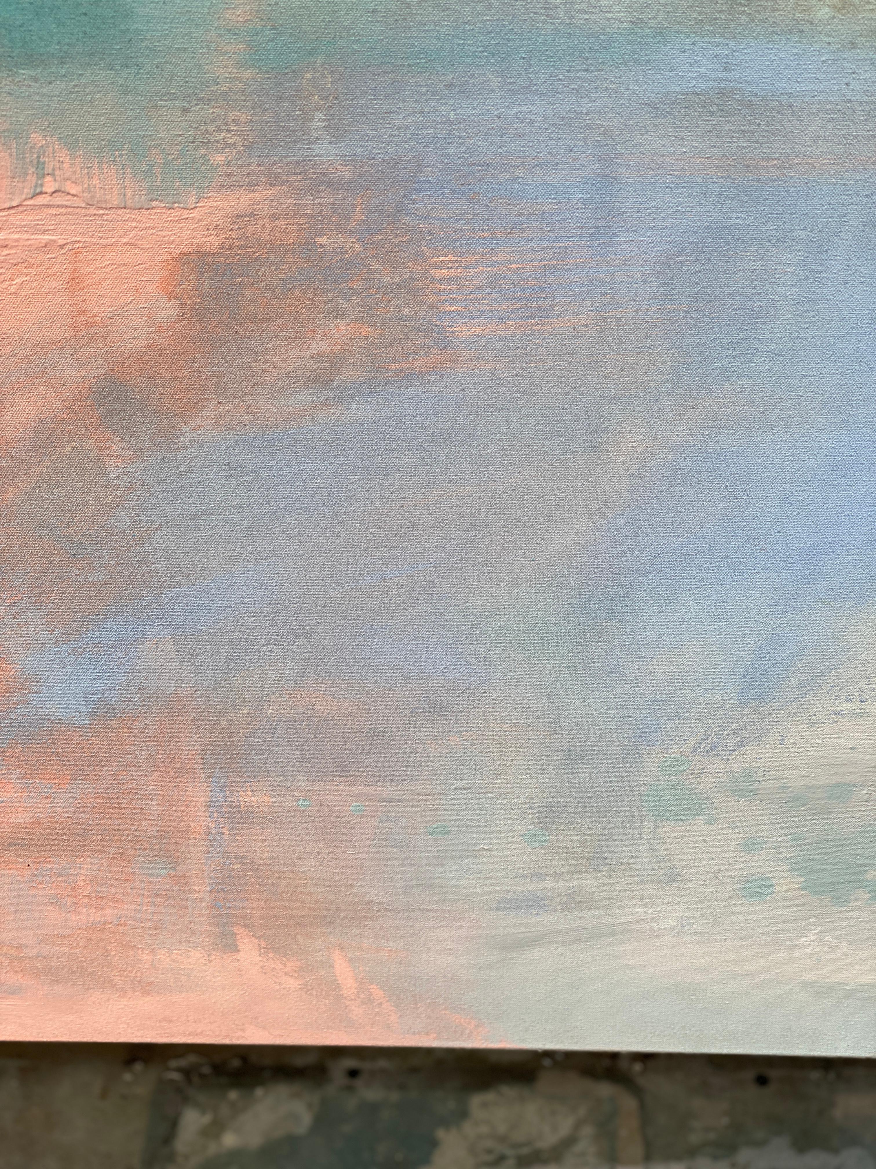 Joy large abstract expressionist landscape on canvas in pastel colours blue pink 5
