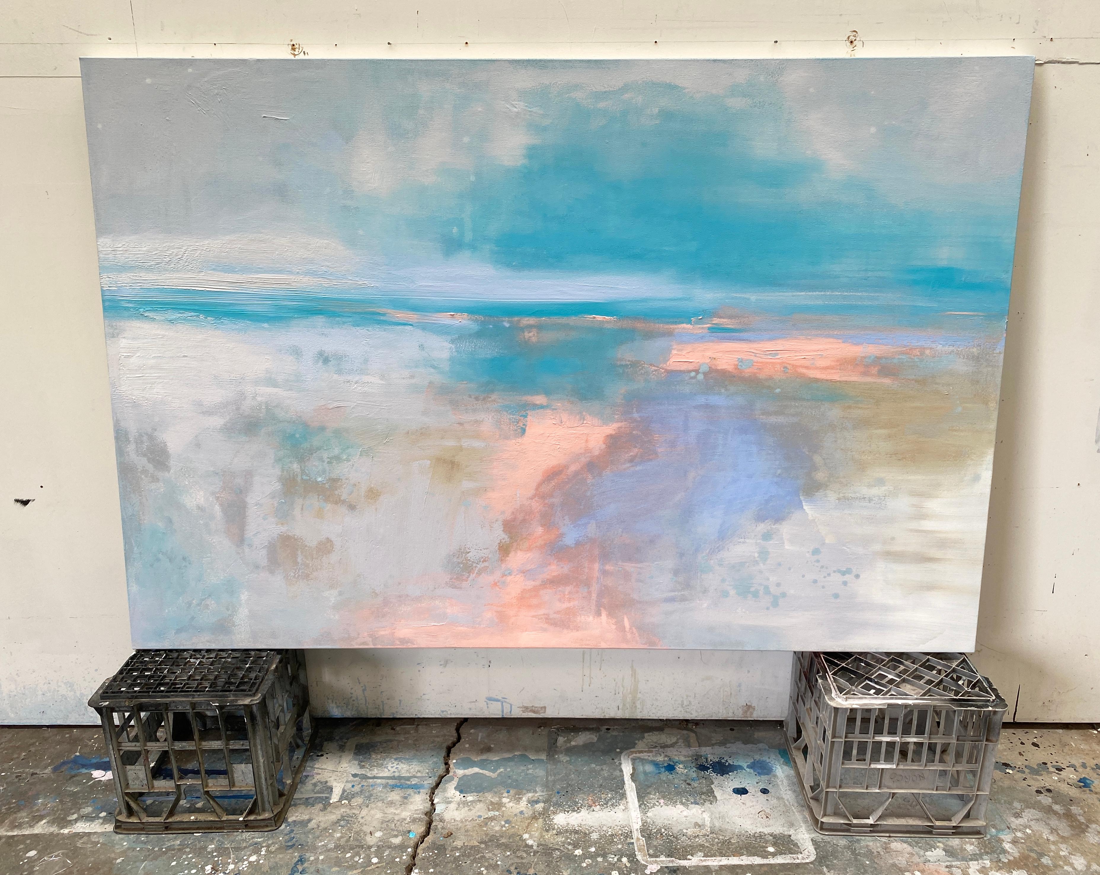 Joy large abstract expressionist landscape on canvas in pastel colours blue pink 9