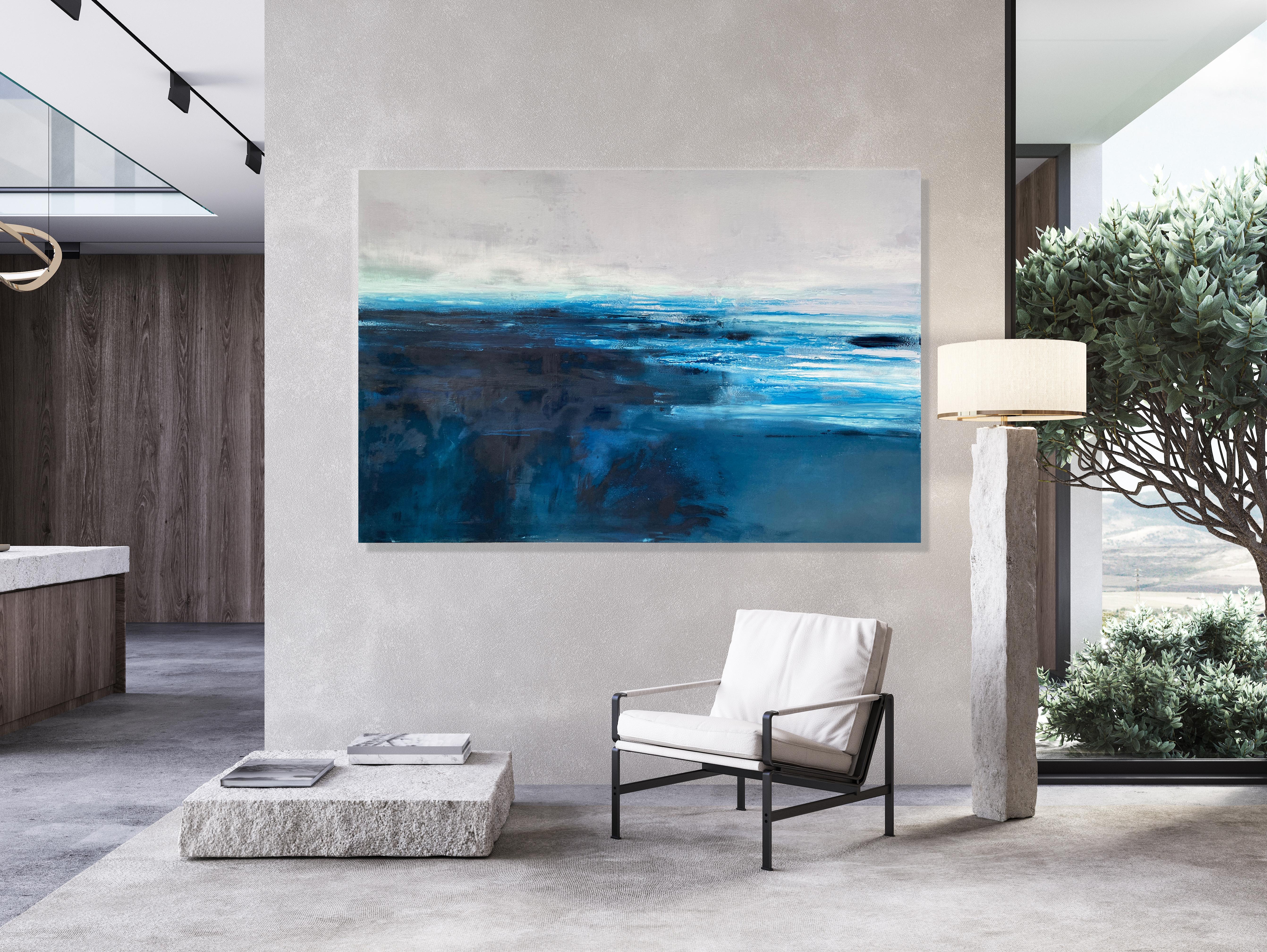 Large ocean water ocean abstract impressionist landscape grey white coastal - Painting by Kathleen Rhee