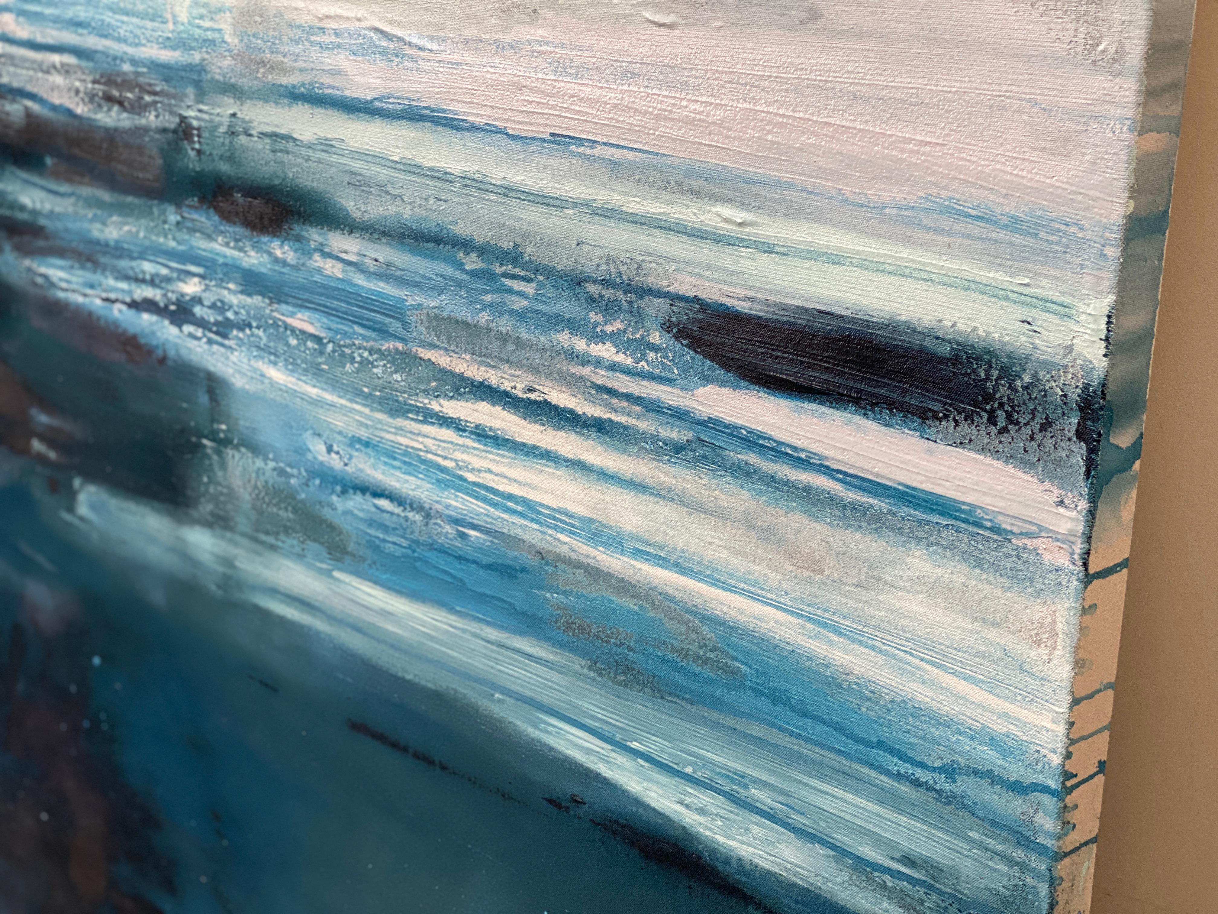 Grande oceano acqua oceano paesaggio astratto impressionista grigio bianco costiero in vendita 4