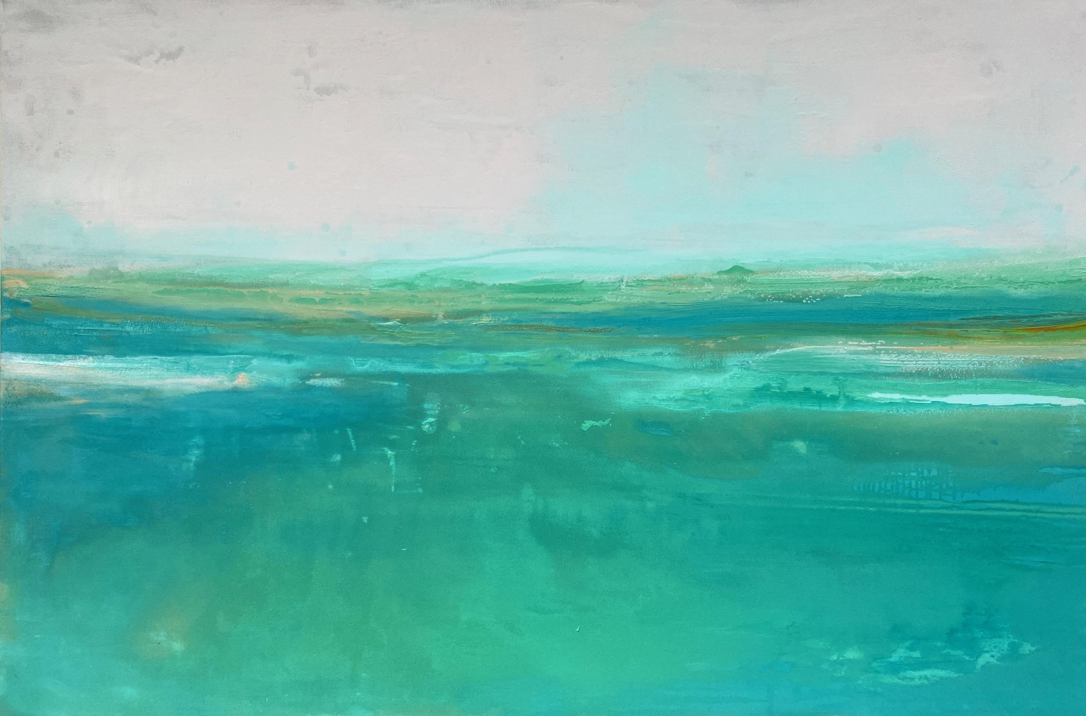 Kathleen Rhee Abstract Painting - Large green blue gold abstract impressionist landscape ocean minimalist painting