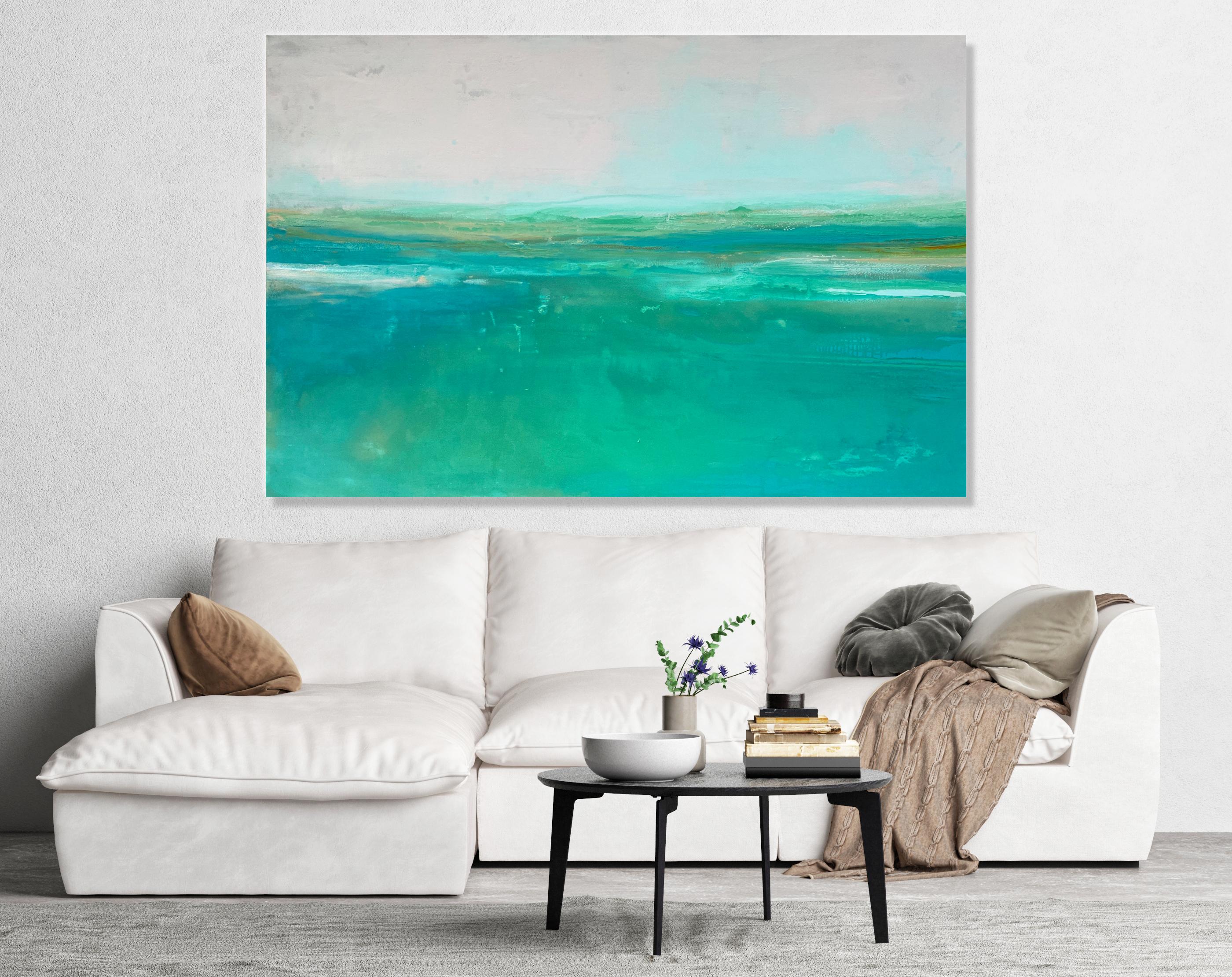 Large green blue gold abstract impressionist landscape ocean minimalist painting - Painting by Kathleen Rhee