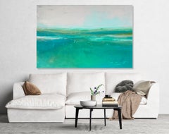 Großes abstraktes impressionistisches, minimalistisches Gemälde in Grün-Blau-Gold mit Meeresmotiven