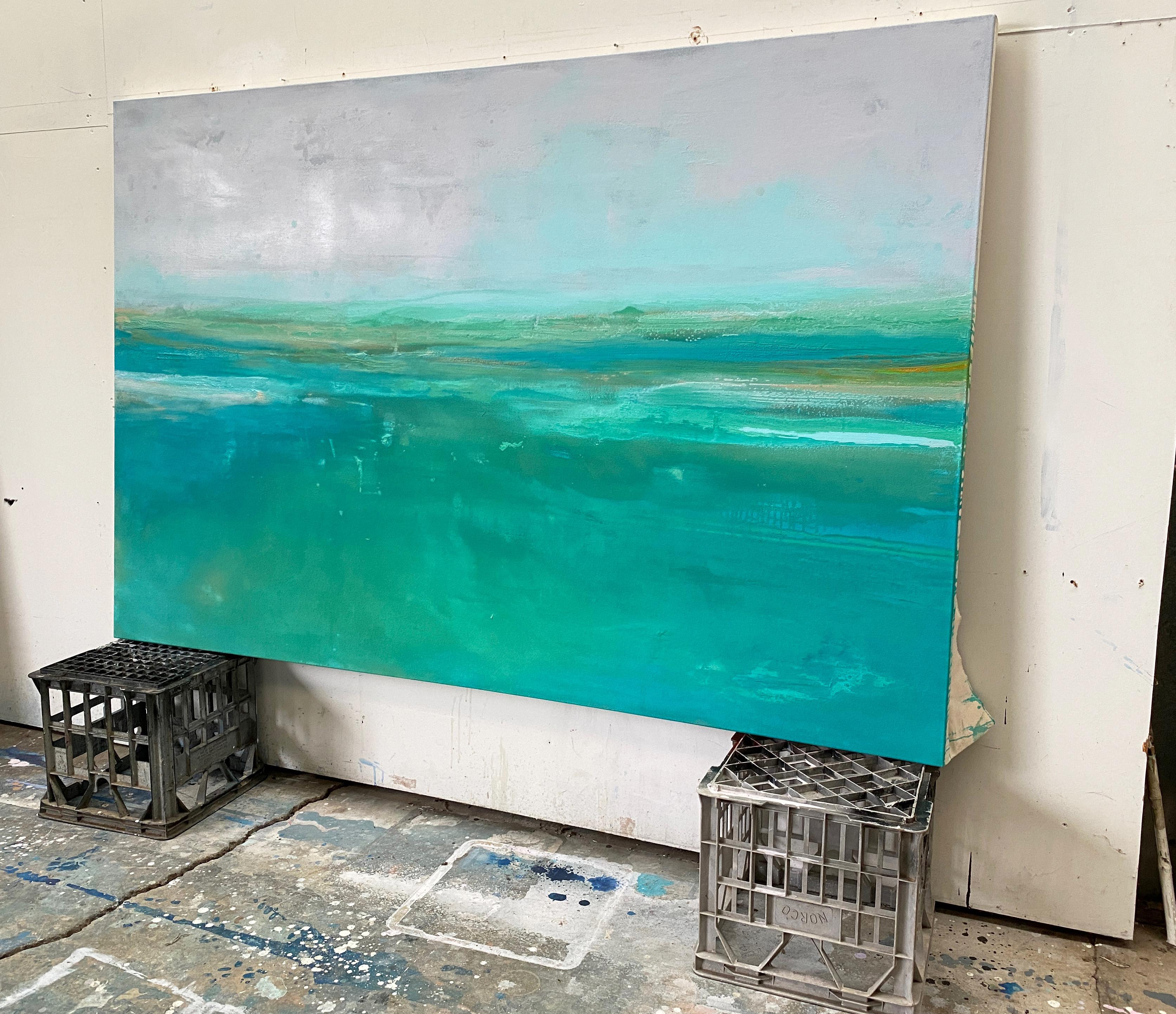 Large green blue gold abstract impressionist landscape ocean minimalist painting - Blue Abstract Painting by Kathleen Rhee