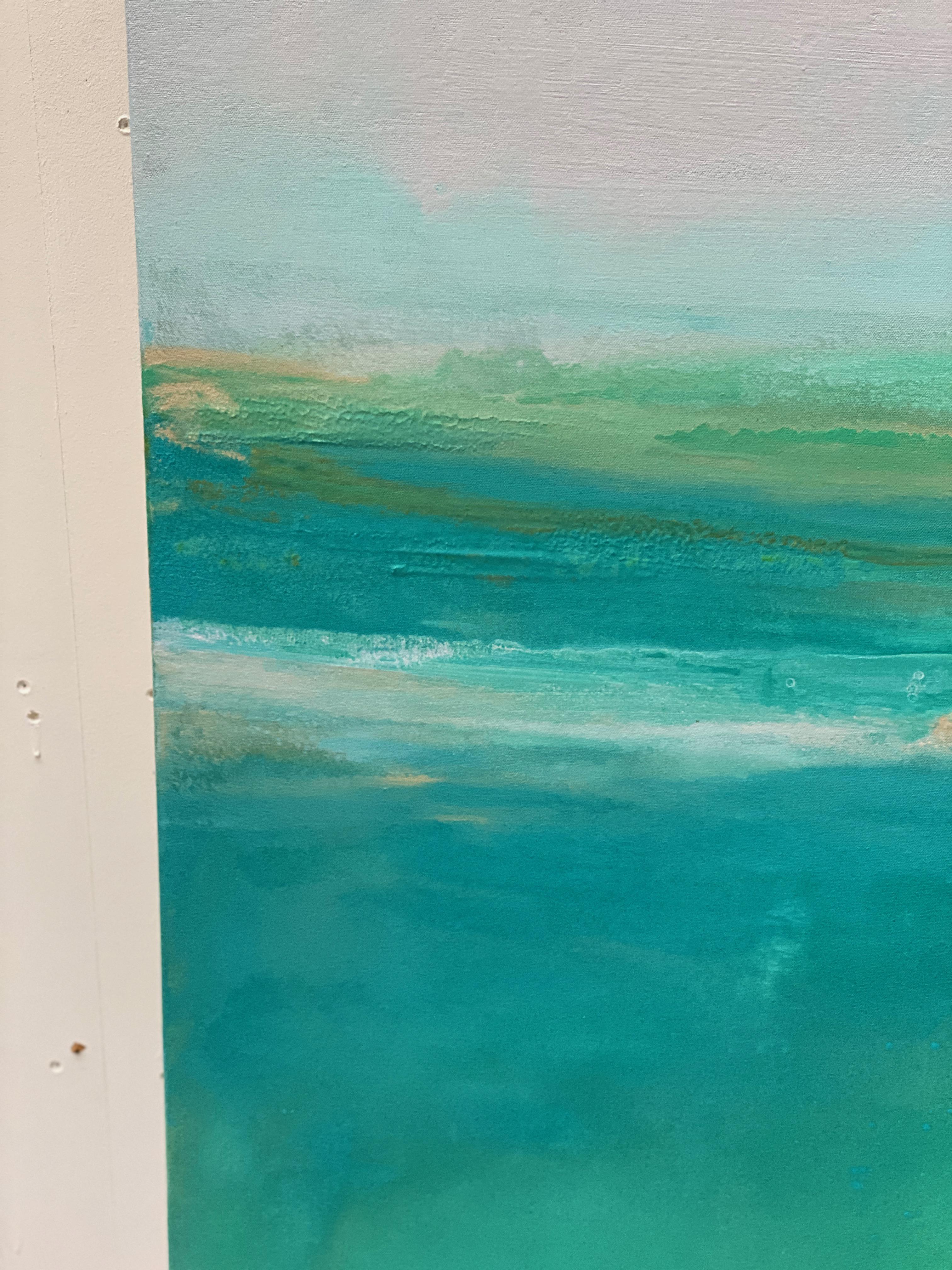 'Rest' Present Moment Collection

Emanating light, energy and movement, this is large dynamic minimalist abstract is painted in colours of calm green, pastel blue, gold, mist and white. Layered paint reveal descriptive textures, delicate details,