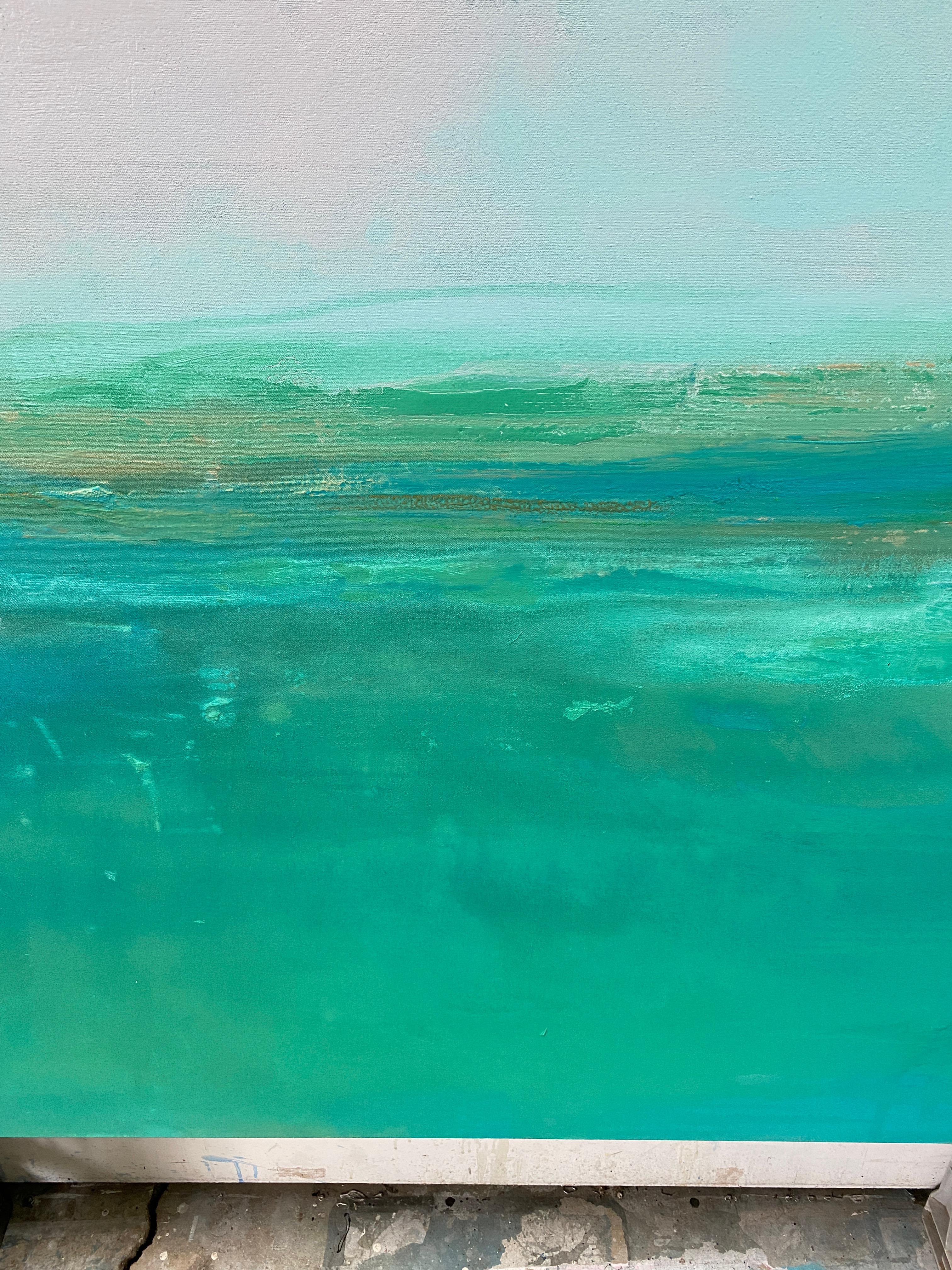 Large green blue gold abstract impressionist landscape ocean minimalist painting For Sale 5