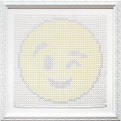 "Smiling Underneath", Winking Face, Yellow and White, Hand-Stitched