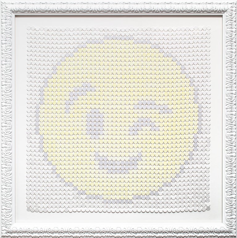 "Smiling Underneath", Winking Face, Yellow and White, Hand-Stitched - Art by Kelly Kozma