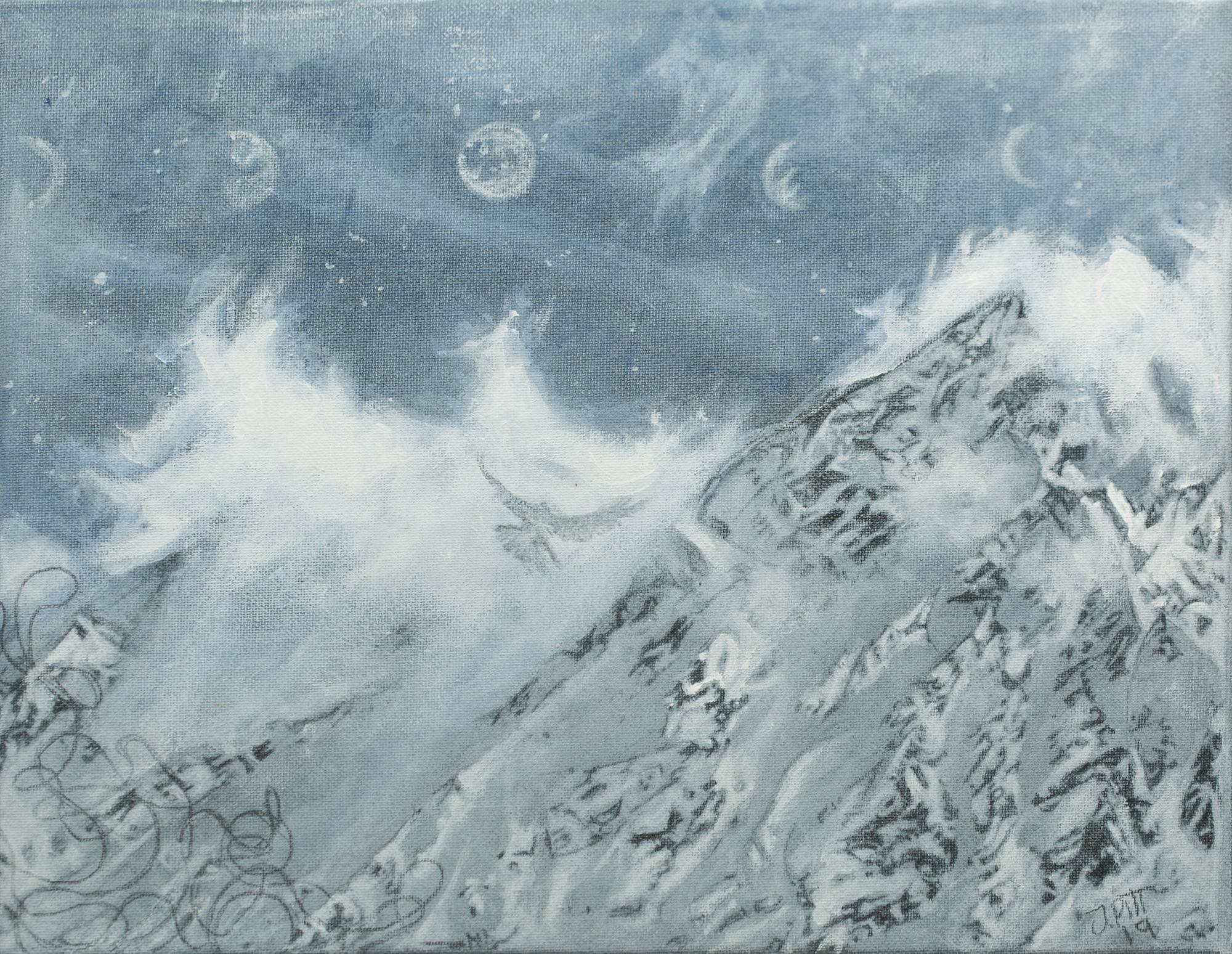 "Time", Snowy, Mountain, Landscape, Blue and Grey Tones, Snowscape - Painting by Jessie Pitt