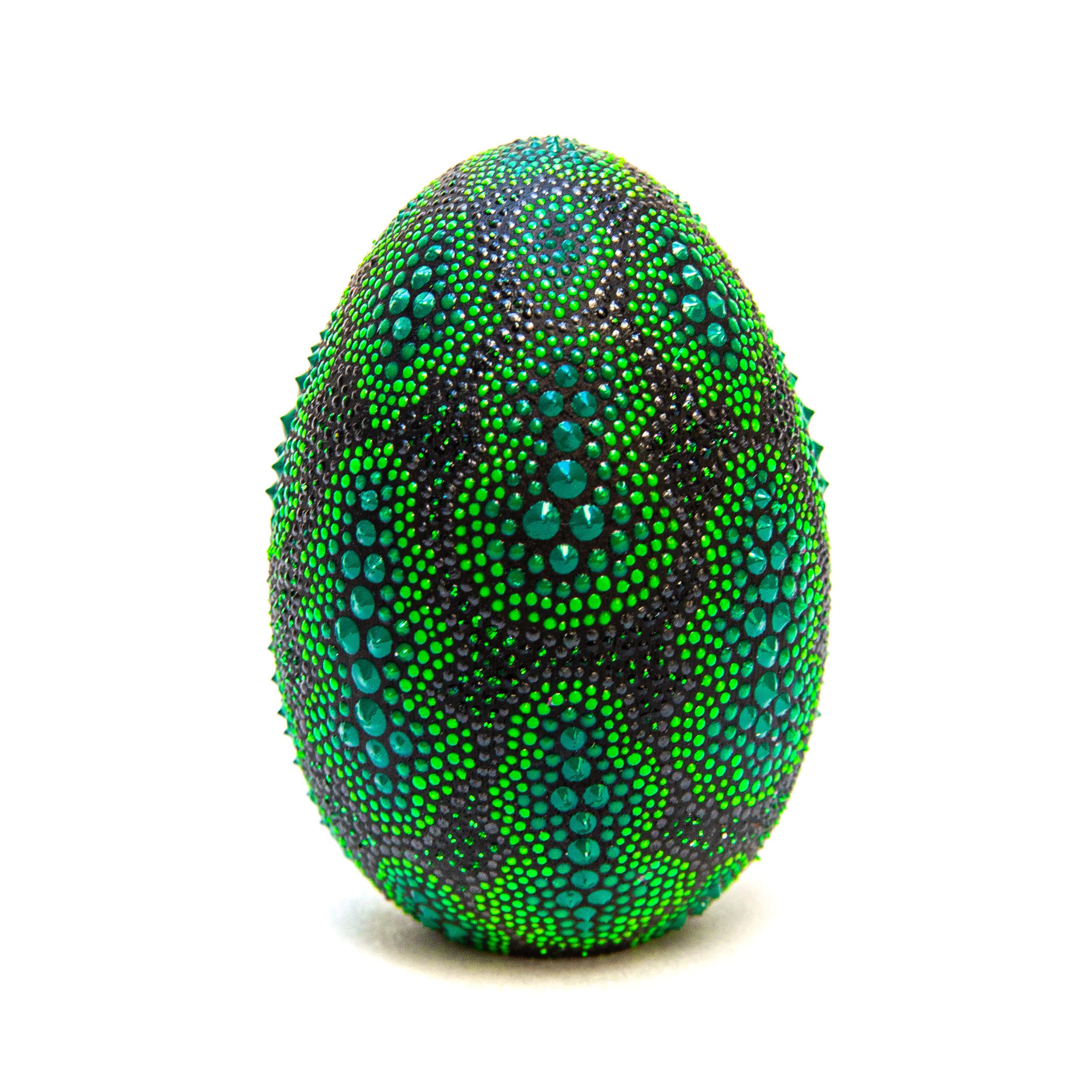 This free-standing sculpture titled "Slytherin Egg" is an original artwork by PJ Linden made of acrylic, dimensional paint, and wood. The piece measures 2.5"h x 1.75"w x 1.75"d.

Please note: artwork will be on display through March 21, 2020 and
