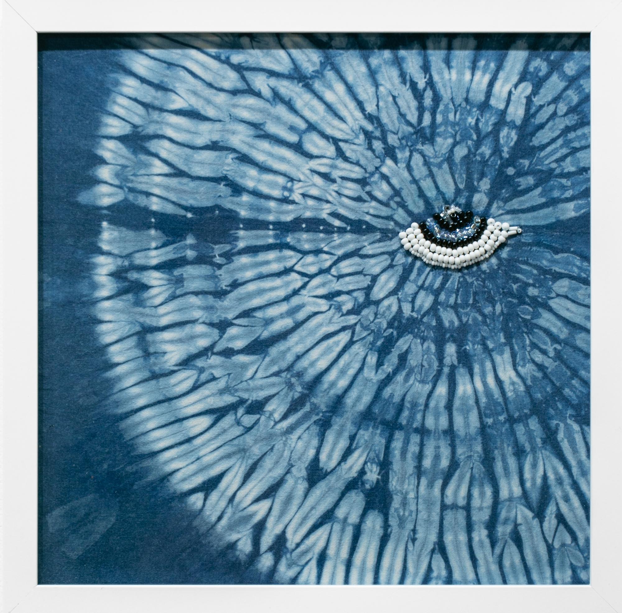 "Gully washer", Blue, Indigo Dye, Sequins, Beaded Embroidery, Eye - Art by Katherine Heisler