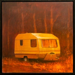 "The Candle," Figurative Oil Painting, Camper Van, Orange, Warm Tones