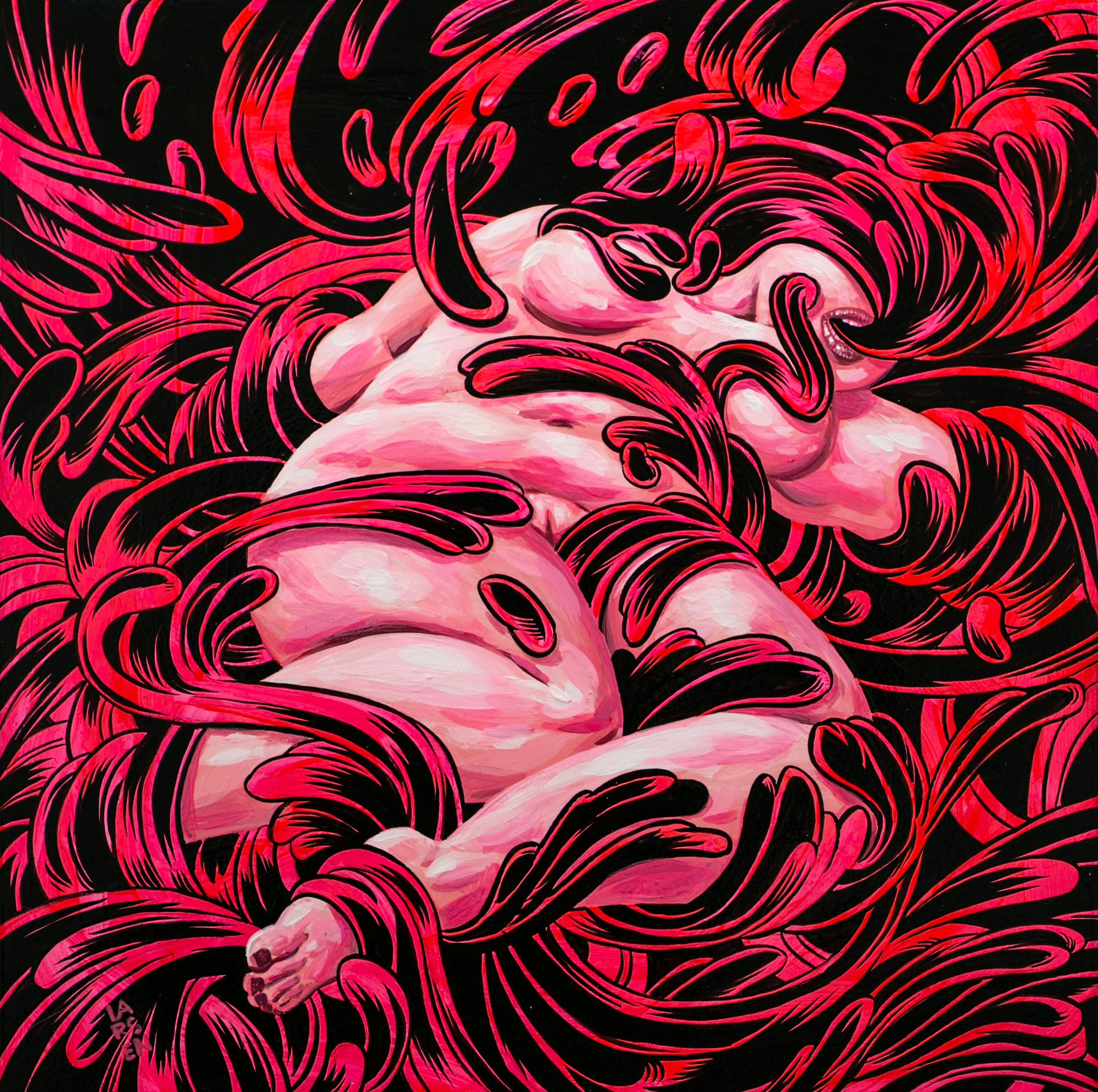 „ „Malignant“, abstraktes Gemälde, rosa und schwarz, Gouache und Tinte auf Holz