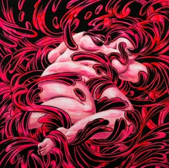 "Malignant", Pittura astratta, rosa e nero, guazzo e inchiostro su Wood
