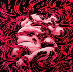 „ „Malignant“, abstraktes Gemälde, rosa und schwarz, Gouache und Tinte auf Holz