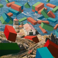 "Point Reyes Lighthouse with Containers", Geometric, Found Photo, Painting