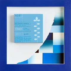 "WARM AND DRY", assemblaggio astratto blu e bianco da appendere alla parete