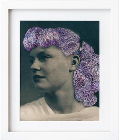 "Nice hair", Surrealism Purple Embroidery On Cyanotype, Mixed Media Portrait