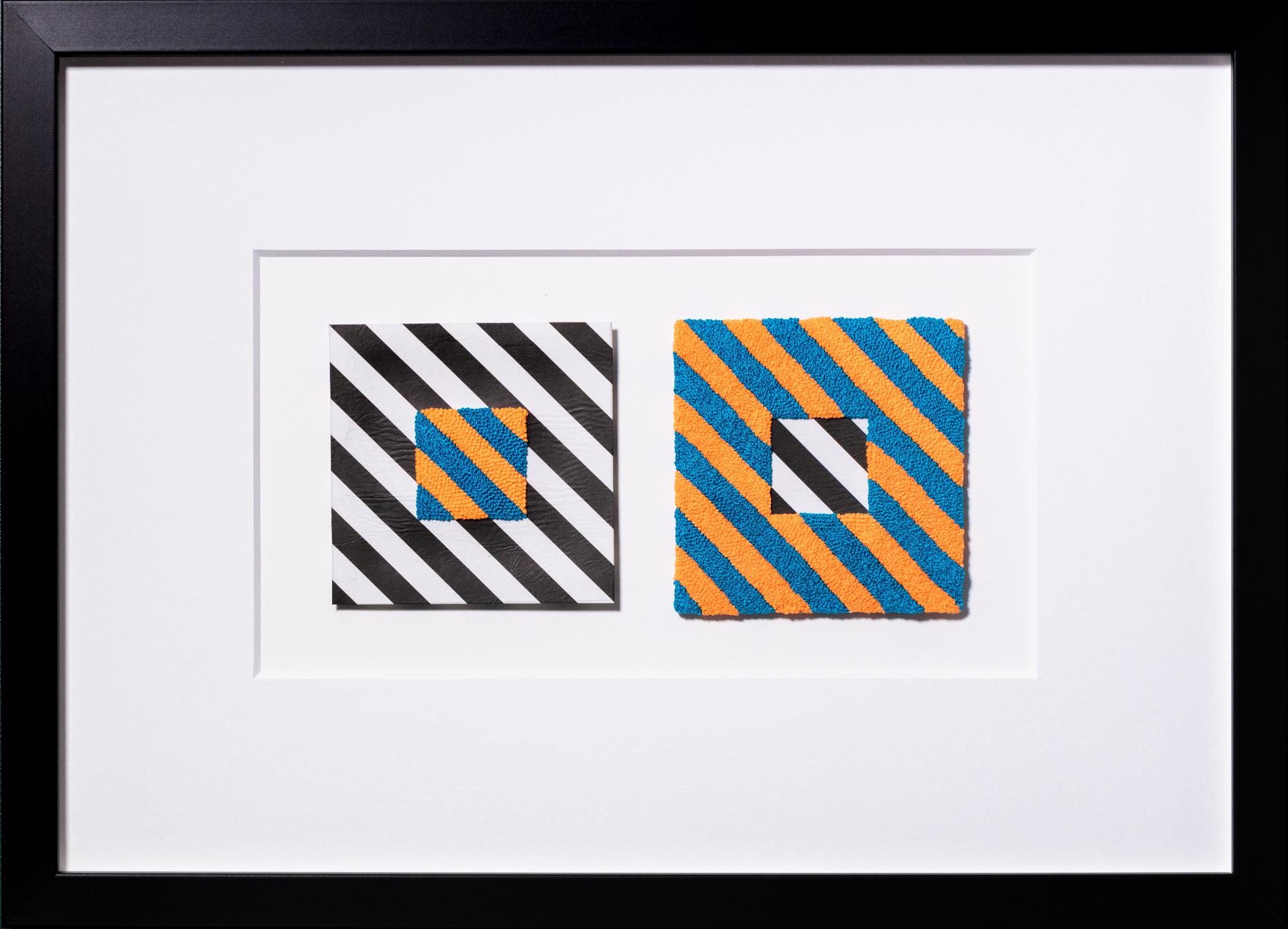 "Complete Me: Stripes" paper collage, hand-embroidery, geometric, blue, yellow