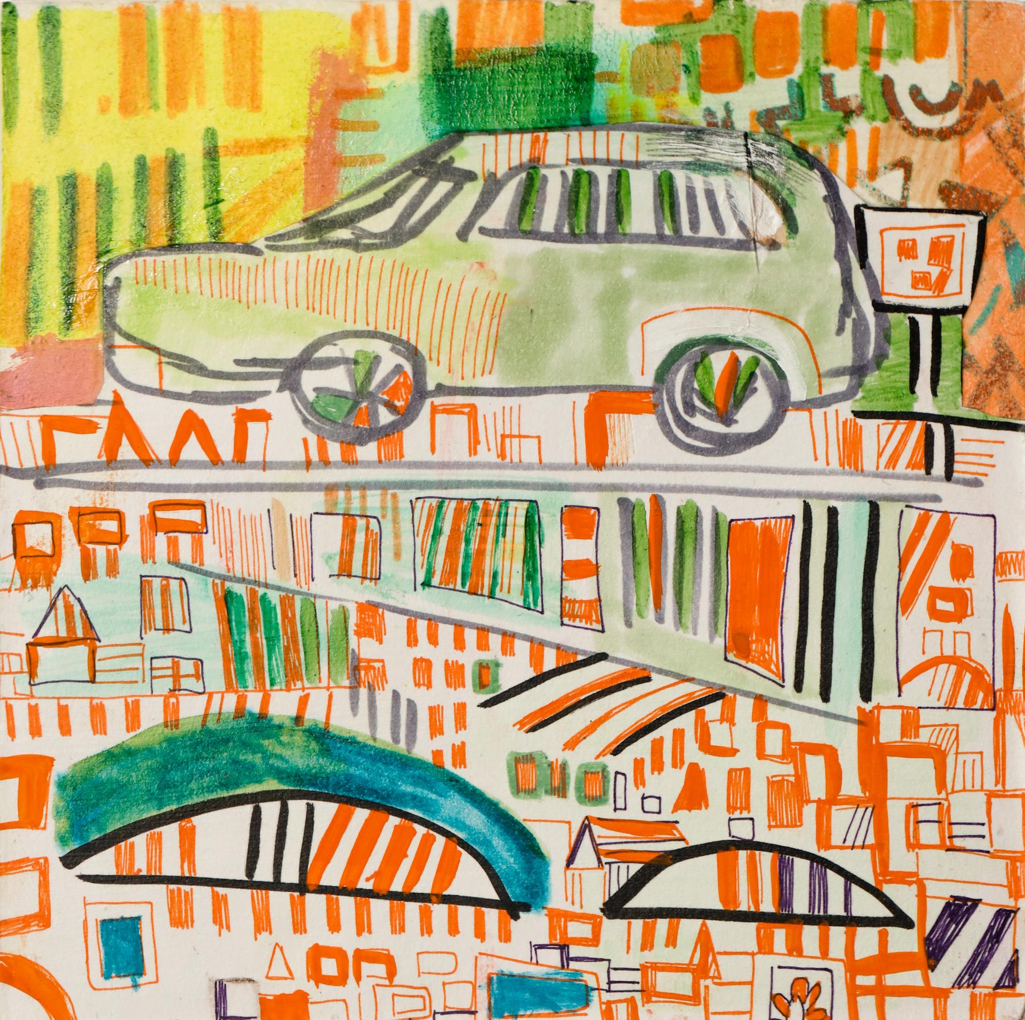 "busy day" abstract cityscape, car motif, geometric, gouache on collage panel
