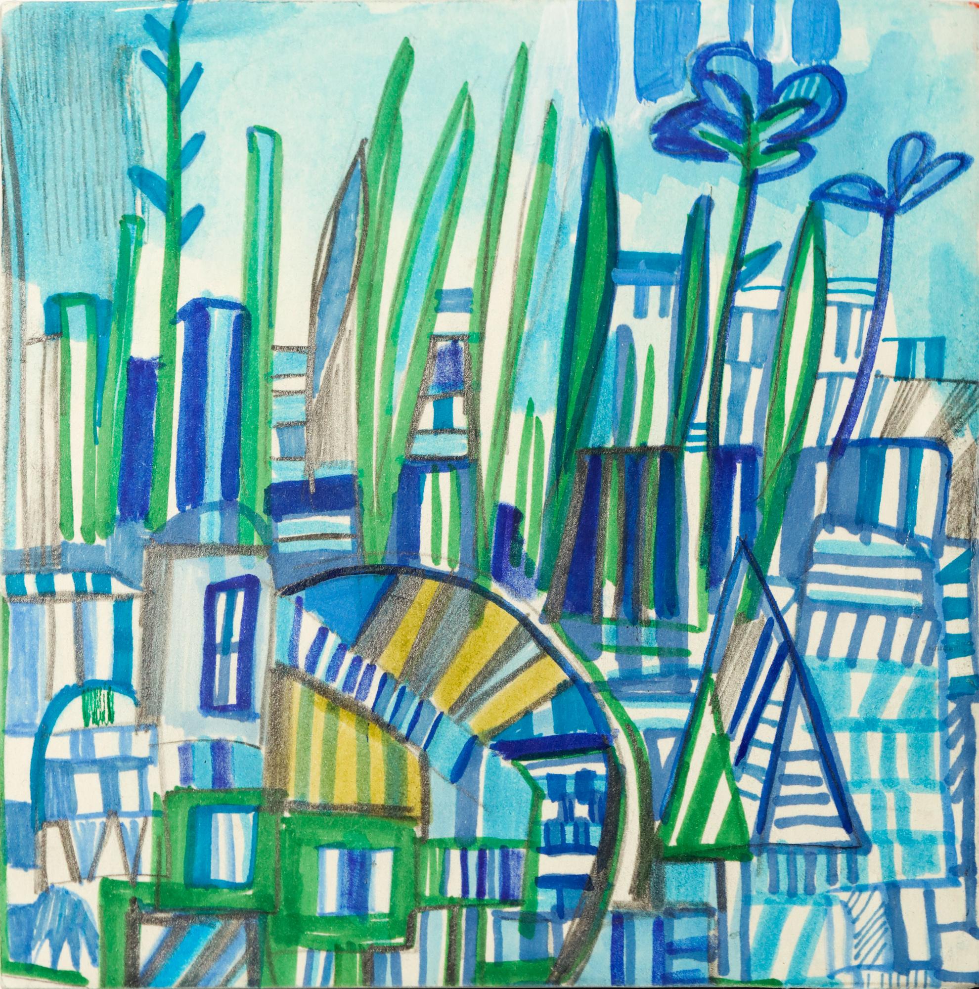 Abstract Painting Miriam Singer - Paysage urbain abstrait, géométrique, crayon, marqueur, acrylique sur panneau