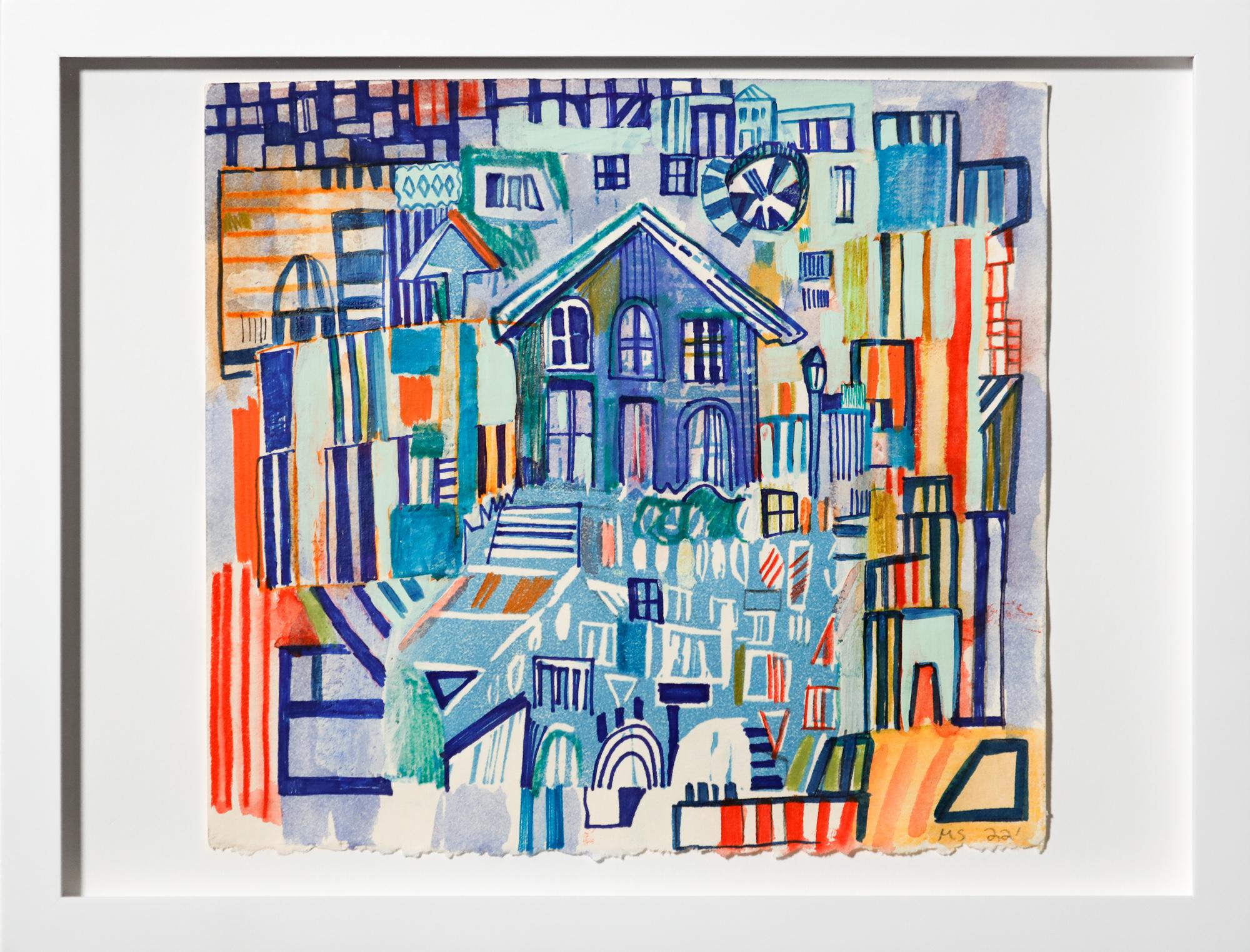 "Allentown" Abstract cityscape, architecture, house paper collage, printmaking