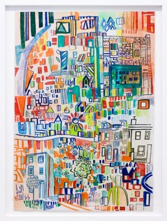 "stay all day if you want" Abstract cityscape, gouche, pencil, and marker