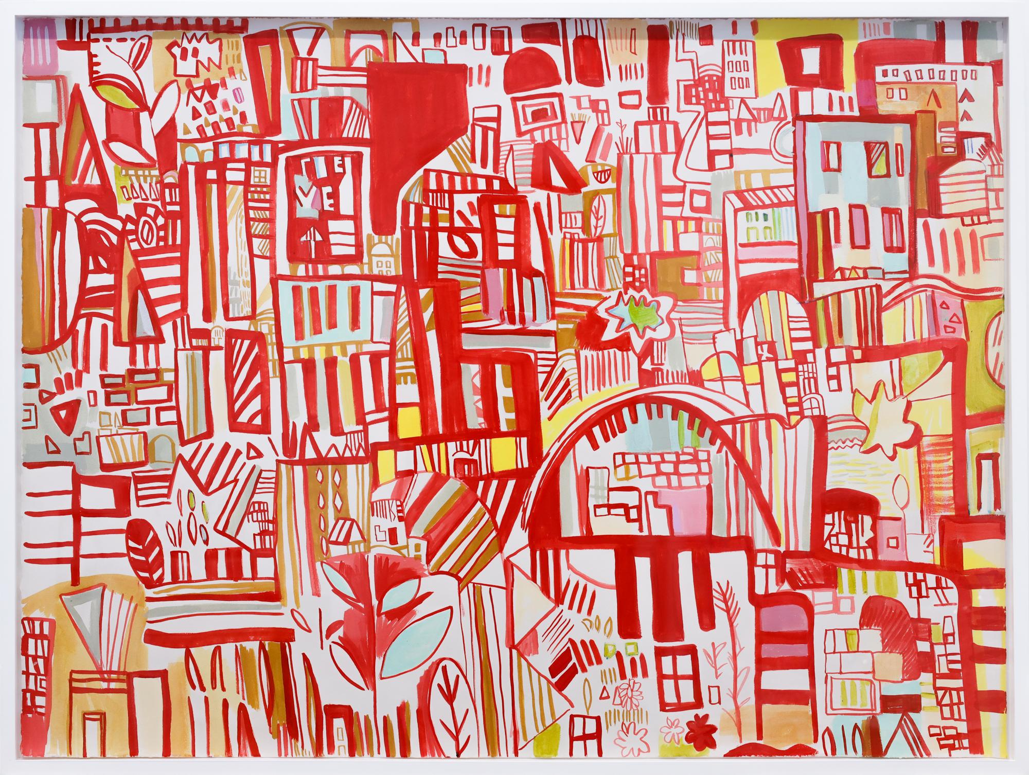 Landscape Art Miriam Singer - Carte rouge 6" Paysage urbain abstrait, acrylique, marqueur et crayon