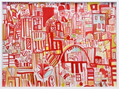 Carte rouge 6" Paysage urbain abstrait, acrylique, marqueur et crayon
