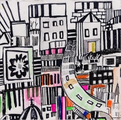 "parish route 2"  Abstract cityscape, pencil, marker, acrylic on panel