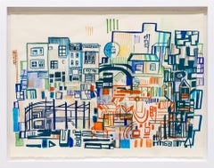 "new + old" Abstract cityscape, pencil, marker, monoprint, screenprint