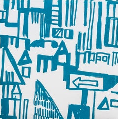 "ingredients" Abstract cityscape, screen print on panel