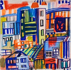 "construction route" Abstract cityscape, pencil, marker, acrylic on panel