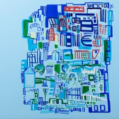 Paysage urbain abstrait bleu, crayon et acrylique sur panneau