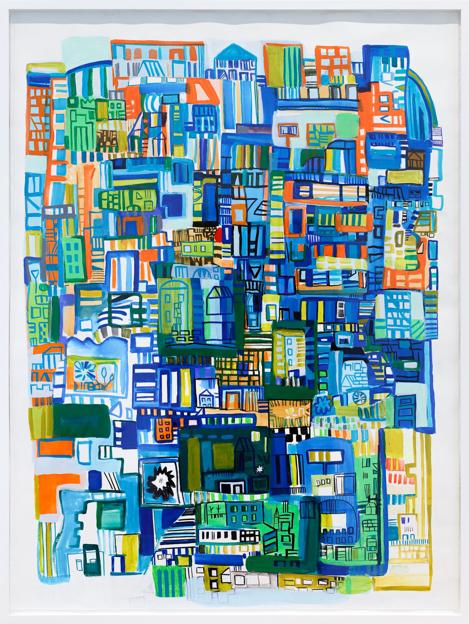 Abstrakte Stadtlandschaft „Blaue Tagträume“ aus Acryl, Bleistift und Marker auf Papier – Art von Miriam Singer