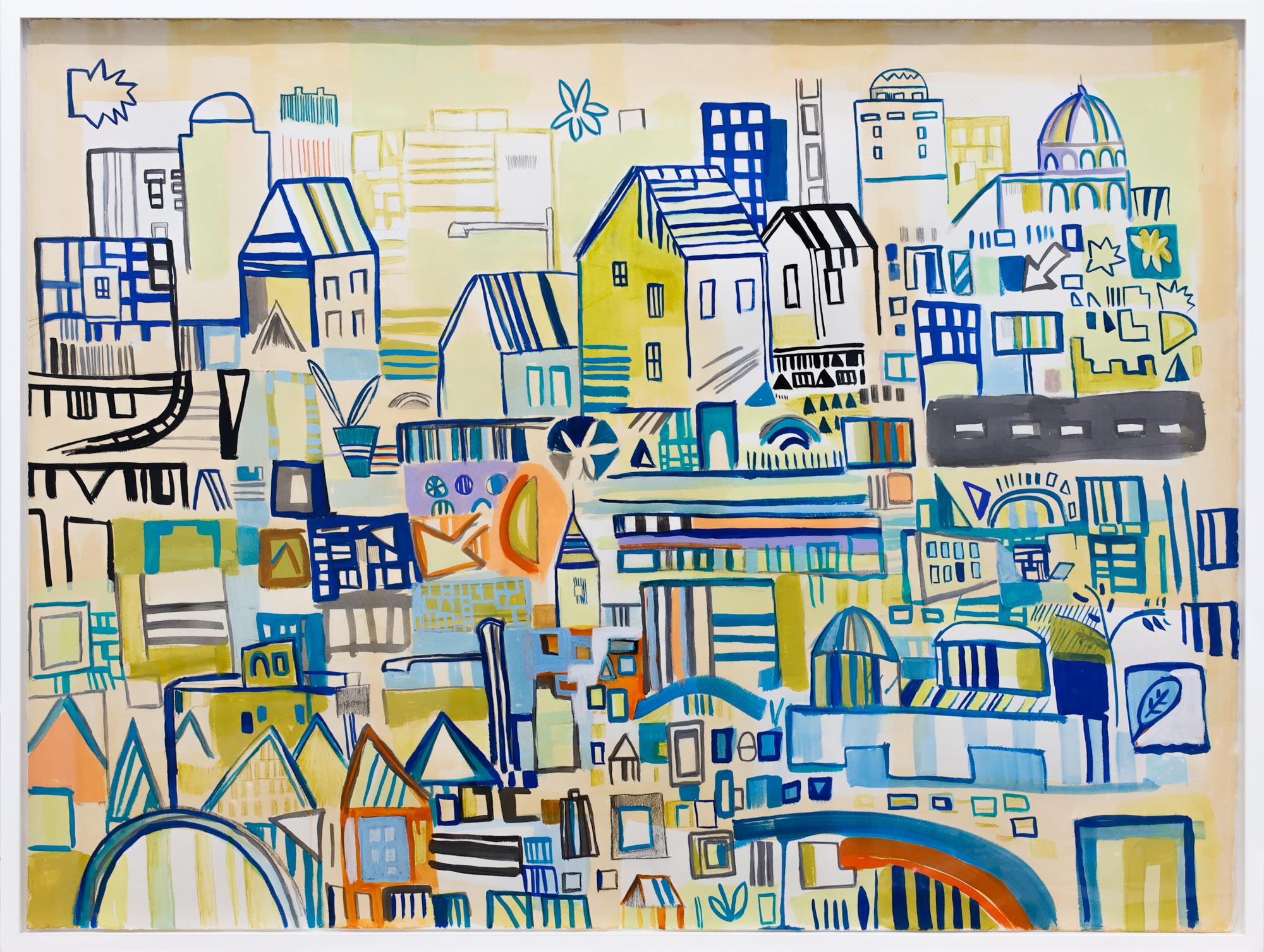 Miriam Singer Landscape Art – Abstrakte Stadtlandschaft „844 Ansichten“, Bleistift, Marker, Acryl auf Papier