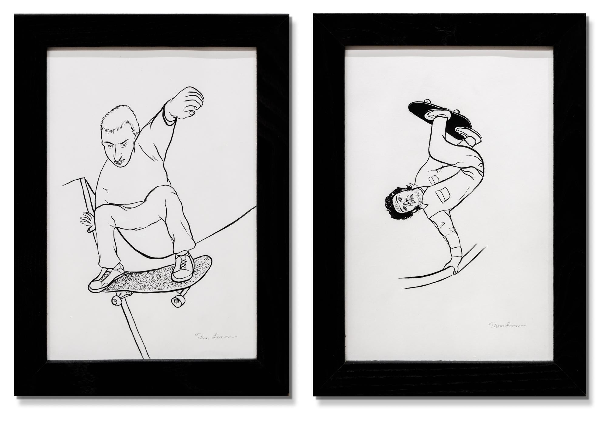"2 Skaters (diptych)" illustration, ink on paper - Art by Thom Lessner