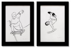 "2 Skaters (diptych)" illustration, ink on paper