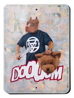 "Doom", Dog person, machete and bear head wheatpasted on collaged street sign