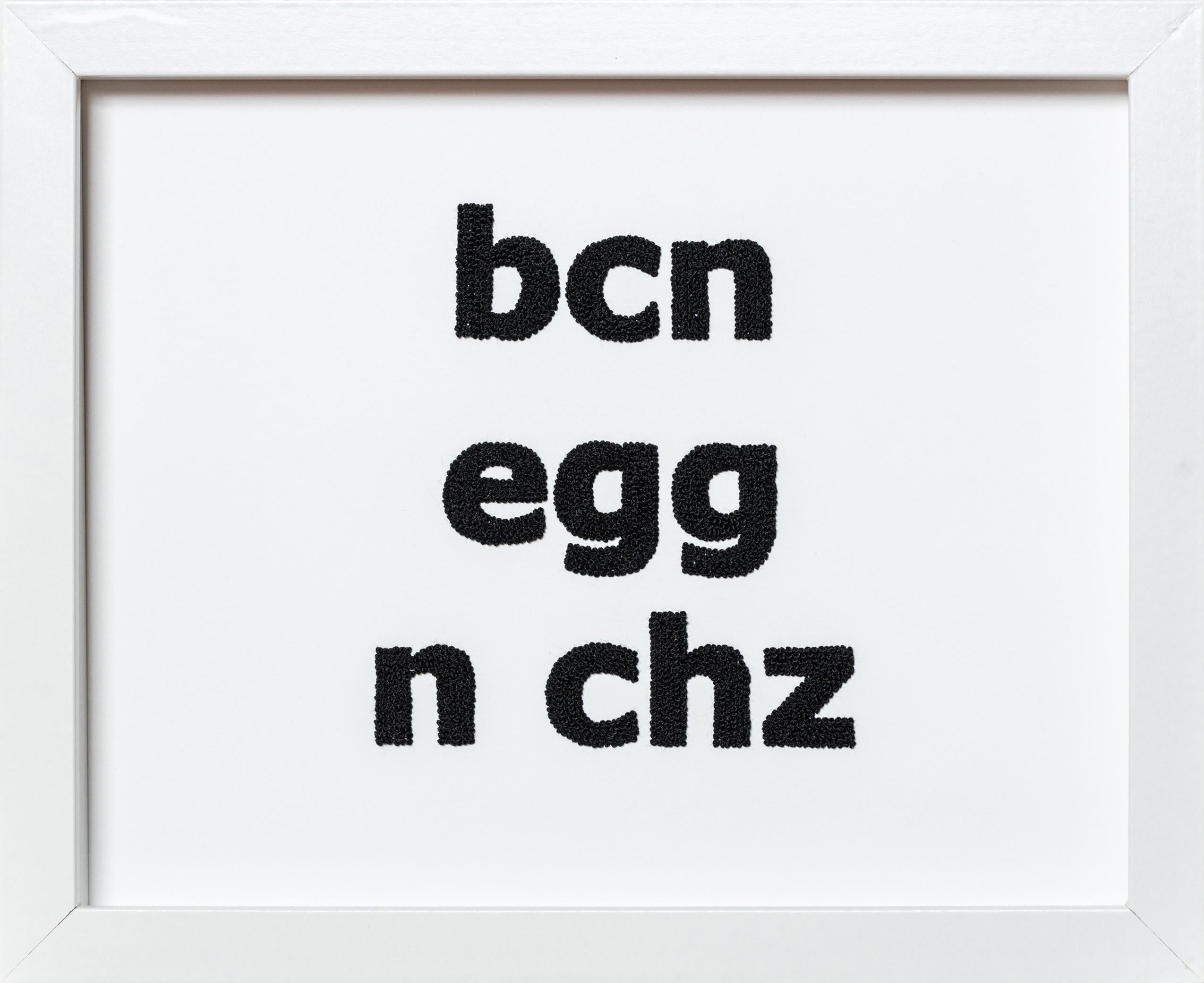 "Bacon, Egg, and Cheese" hand-embroidery, french knot, text, lettering - Mixed Media Art by Kelly Kozma