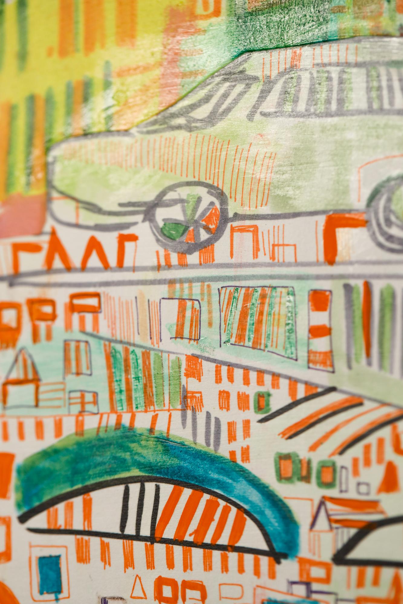 Paysage urbain abstrait, motif de voiture, géométrique, gouache sur panneau de collage - Art de Miriam Singer