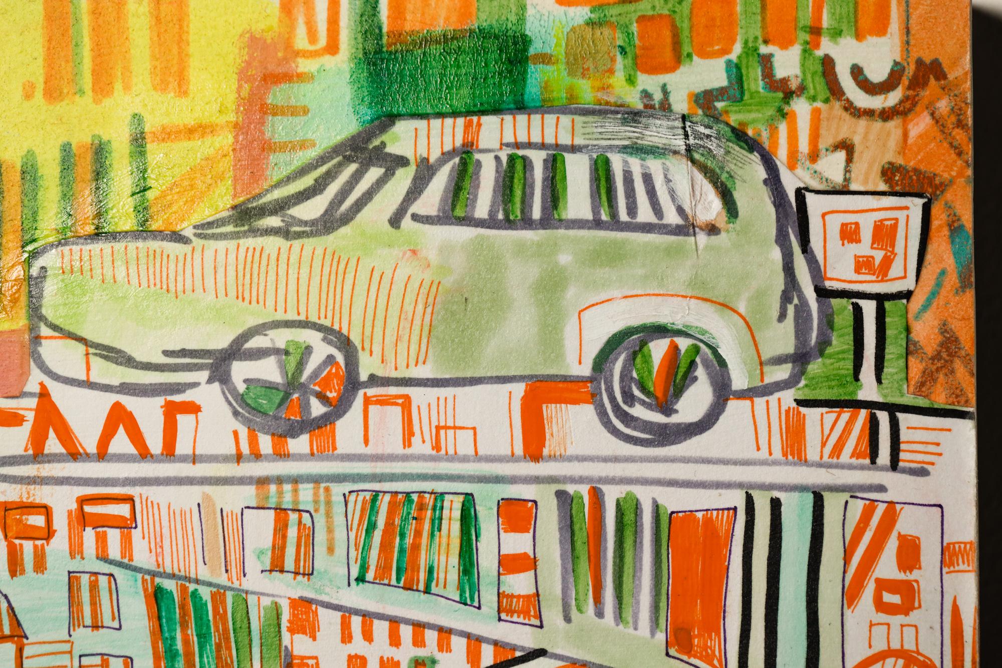 Paysage urbain abstrait, motif de voiture, géométrique, gouache sur panneau de collage - Contemporain Art par Miriam Singer