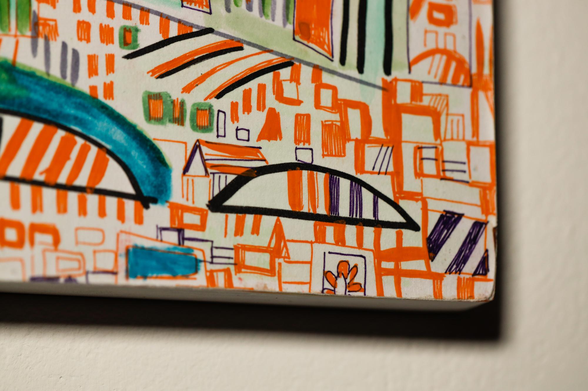 Paysage urbain abstrait, motif de voiture, géométrique, gouache sur panneau de collage - Beige Landscape Art par Miriam Singer