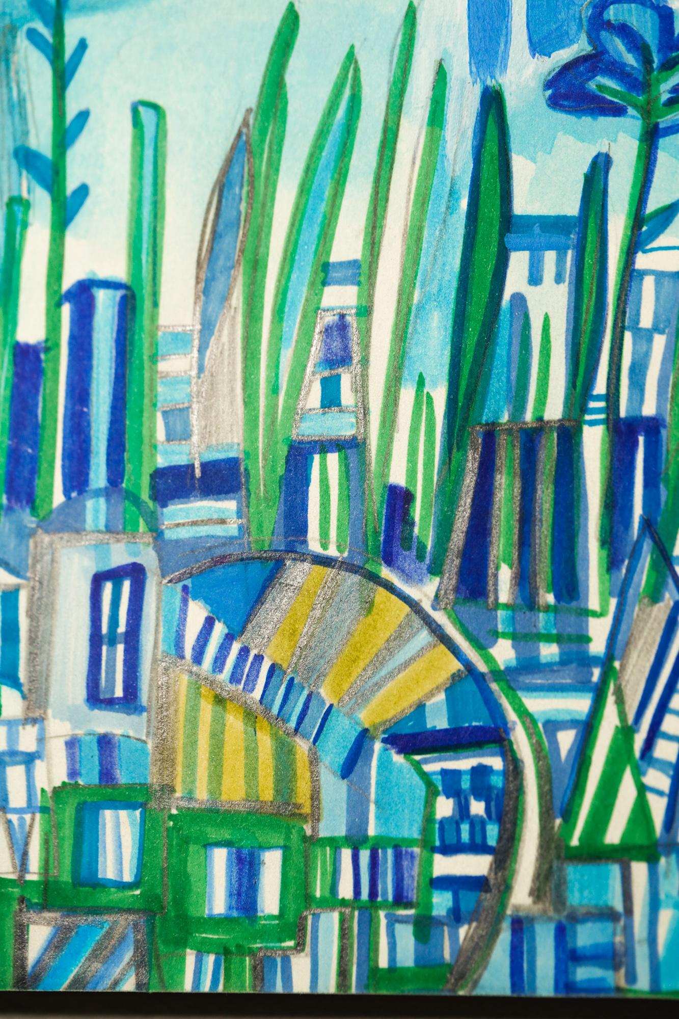 Paysage urbain abstrait, géométrique, crayon, marqueur, acrylique sur panneau - Painting de Miriam Singer